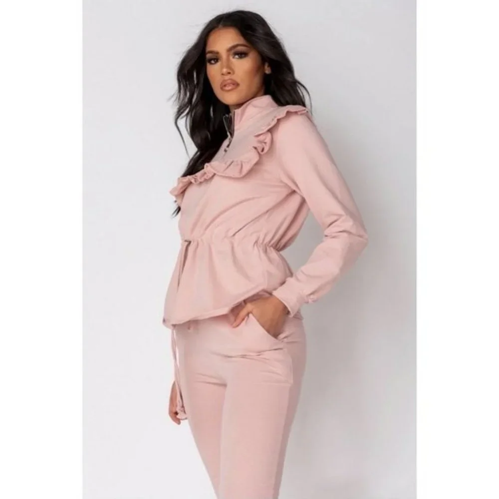 Pink Long Sleeve High Neck Frill Detail Top and Jogger Pants Two Piece Set - Picture 4 of 11